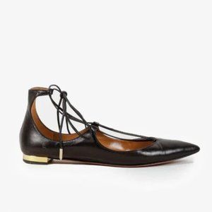 Aquazurra Christie Black Pointed Toe Leather Lace-Up Flats